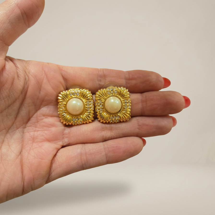 Vintage Gold Faux Pearl & Crystal Earrings
