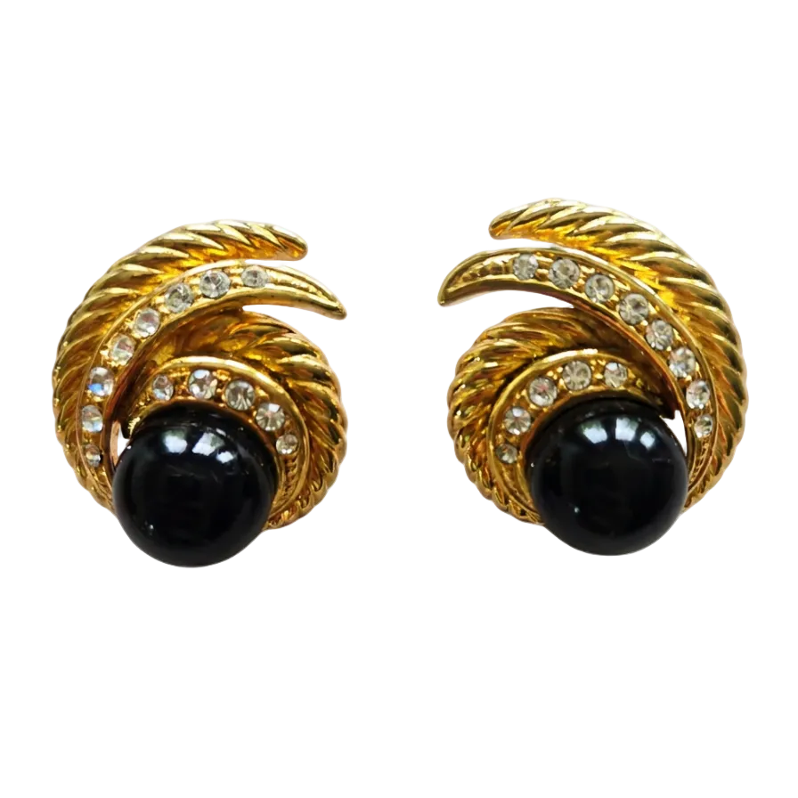 Vintage Gold Onyx Statement Earrings with Crystals
