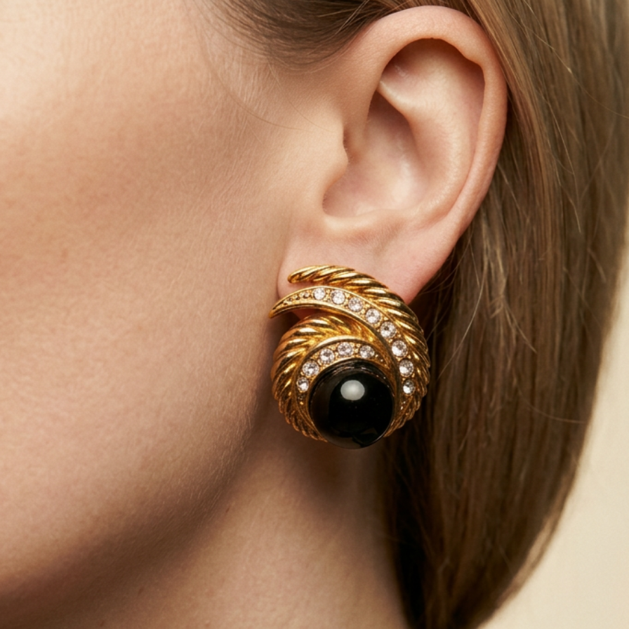 Vintage Gold Onyx Statement Earrings with Crystals