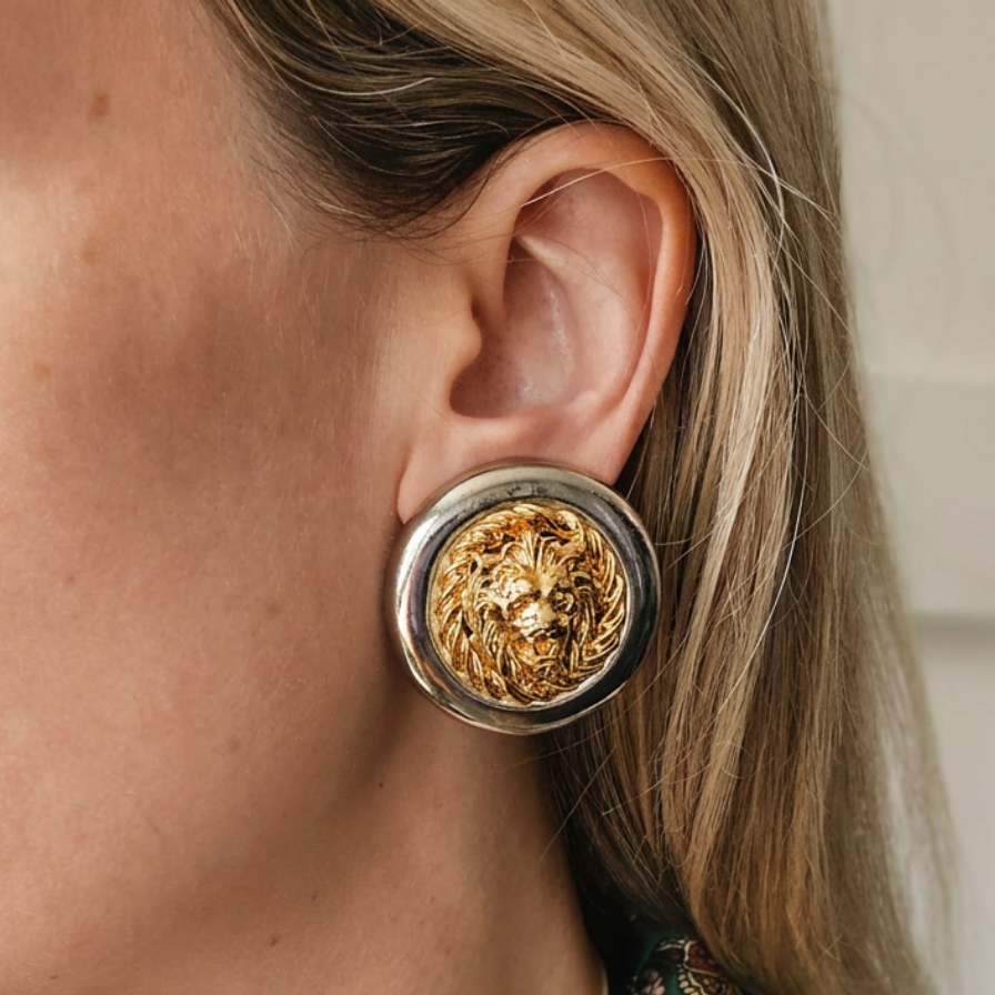 Vintage Two-Tone Lion Head Earrings