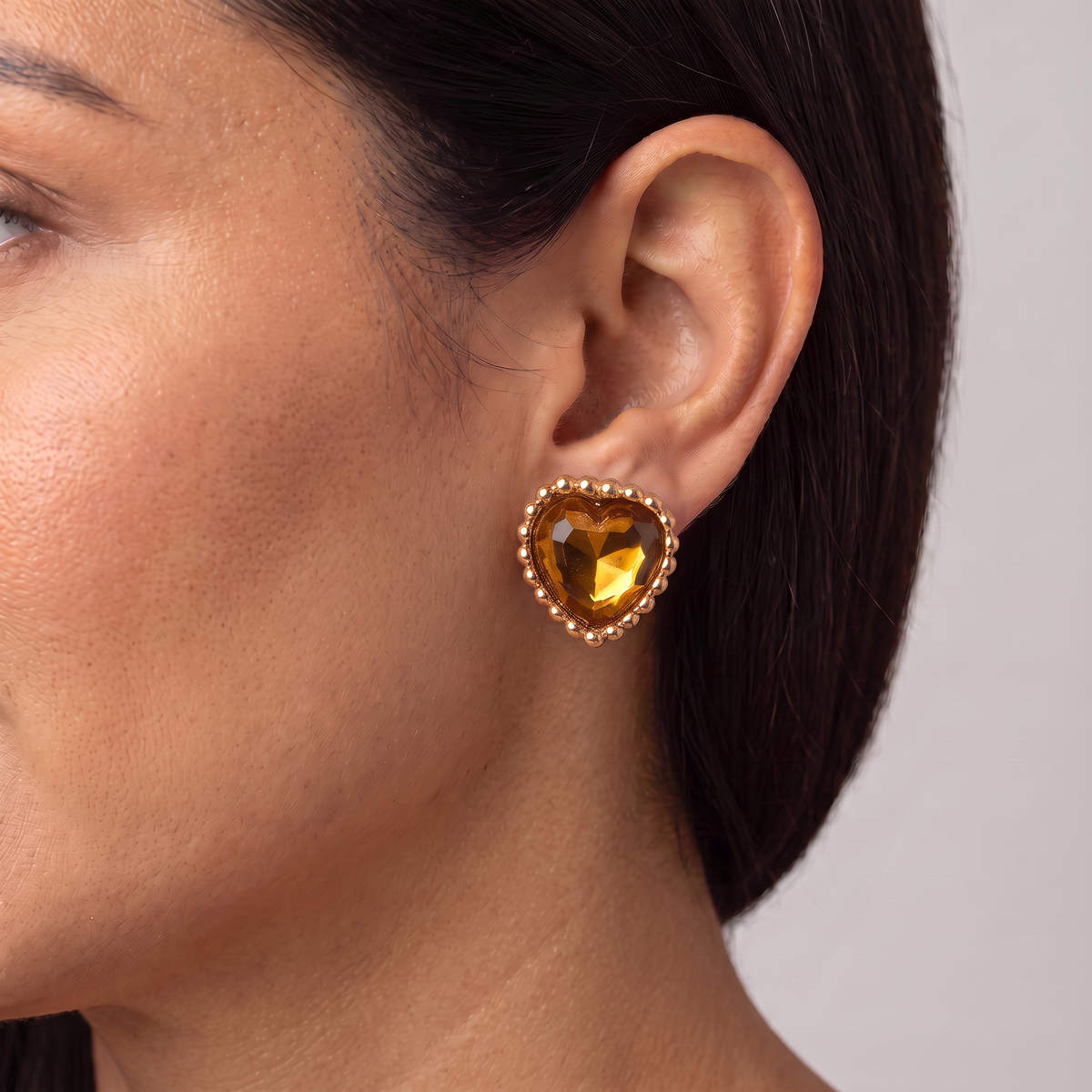 Vintage 80s French Petite Citrine Crystal Heart Earrings