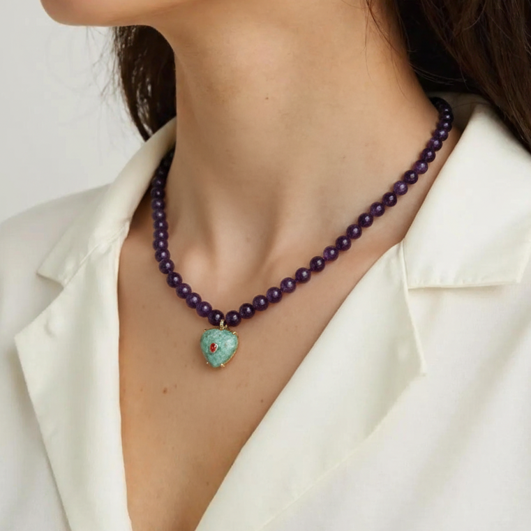 Amethyst Bead & Phoenix Stone Heart Necklace Pre Order