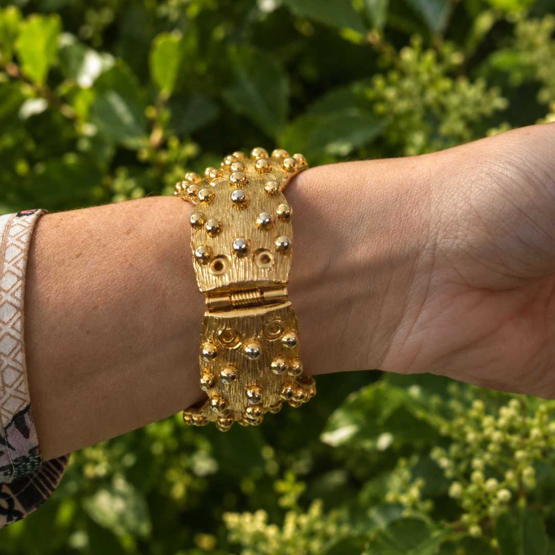 Vintage Gold-Tone Textured Wide Hinged Cuff Bracelet