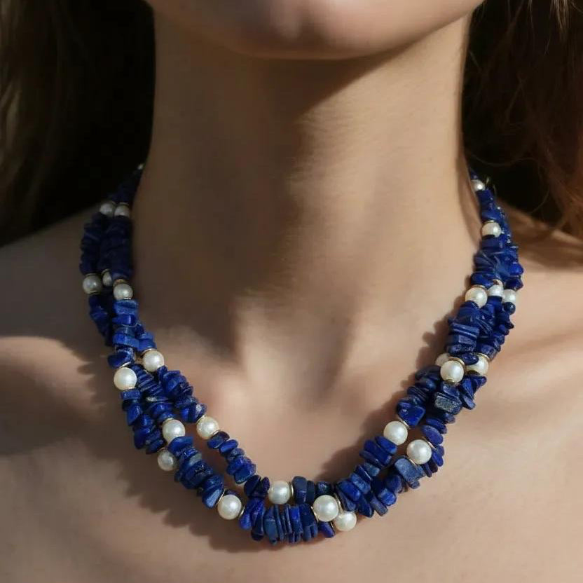 Vintage Lapis and Pearl Layered Beaded Necklace