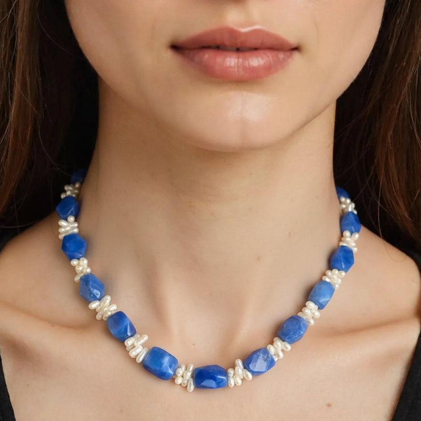Vintage Blue Stone and Pearl Beaded Necklace
