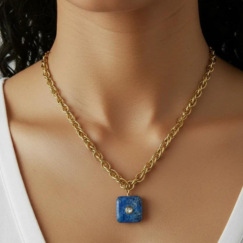 French Blue Lapis & Rock Crystal Pendant Necklace