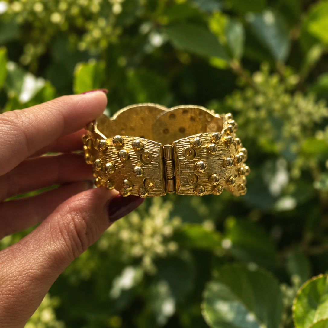 Vintage Gold-Tone Textured Wide Hinged Cuff Bracelet