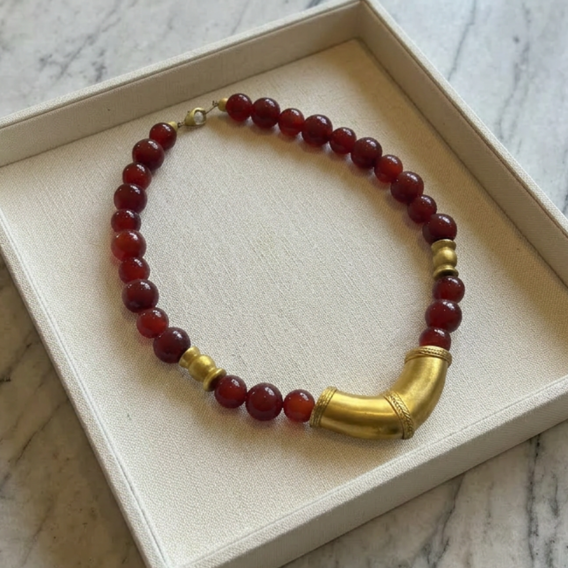 Vintage Etruscan Carnelian Bead Necklace With Gold Pendant