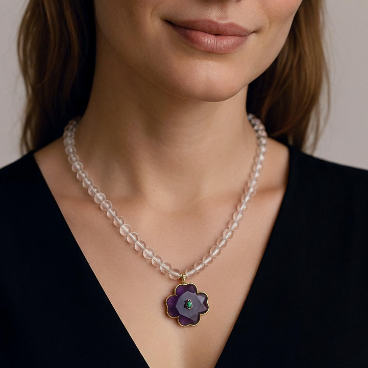 Rock Crystal Bead & Amethyst Flower Necklace Pre Order