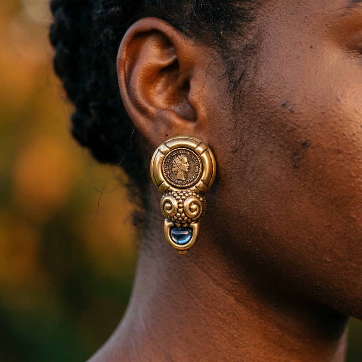 Vintage 80s Italian Gold Coin & Blue Resin Clip Earrings