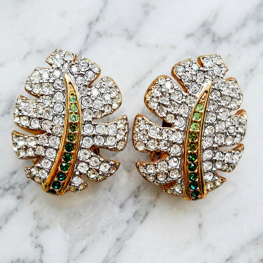 Vintage Swarovski Crystal Leaf Earrings