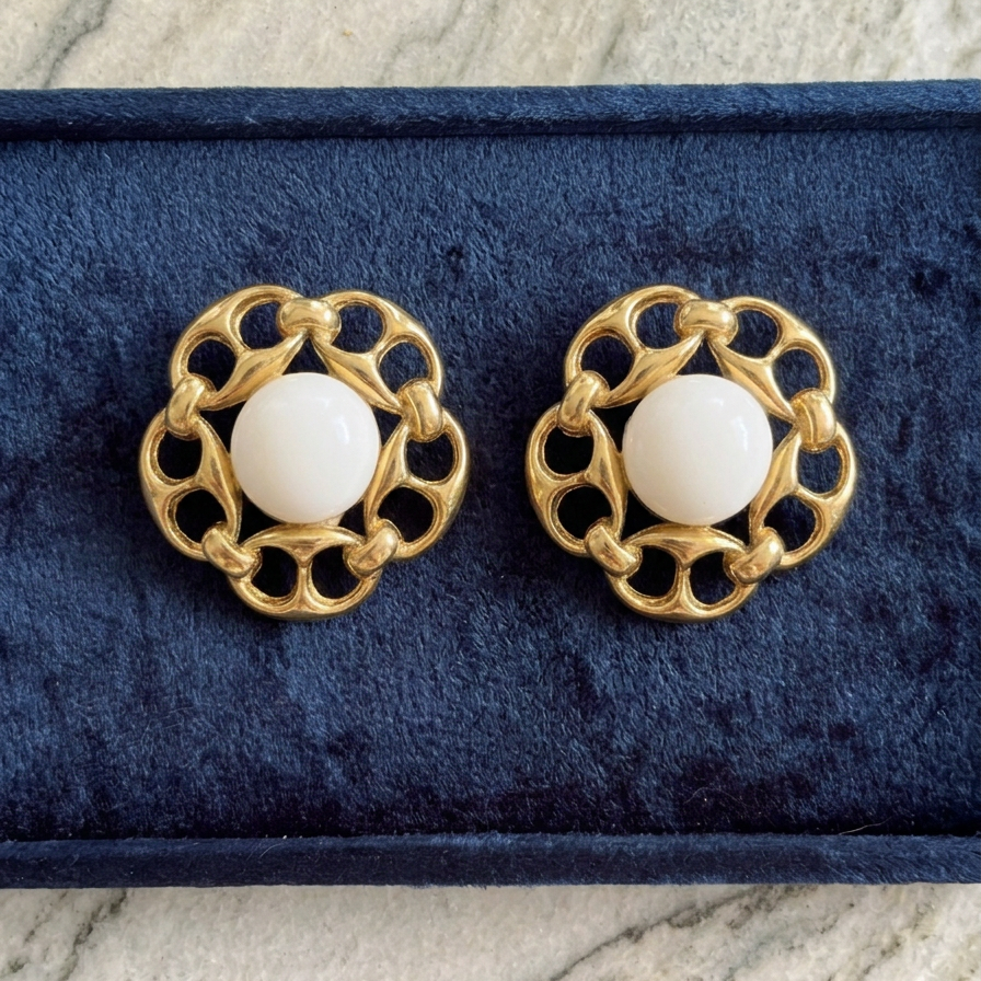 Vintage Cream Enamel Mariner Link Earrings