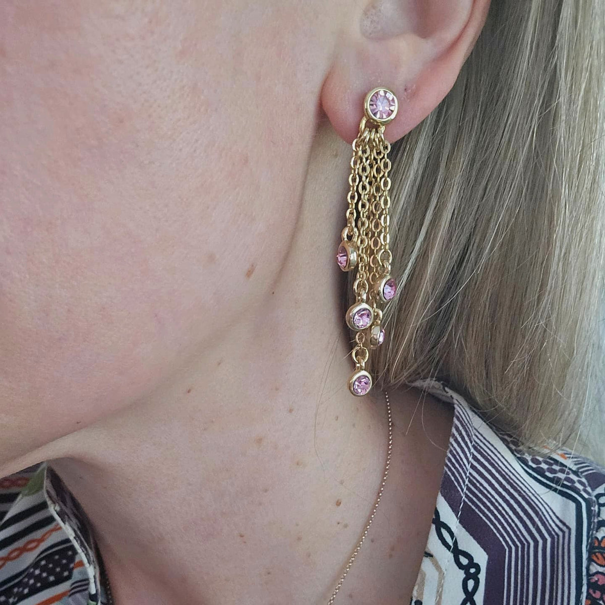 Vintage Gold-Tone Pink Crystal Multi-Strand Earring