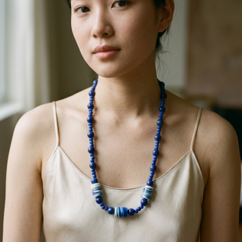 Vintage French Blue Glass Beaded Necklace