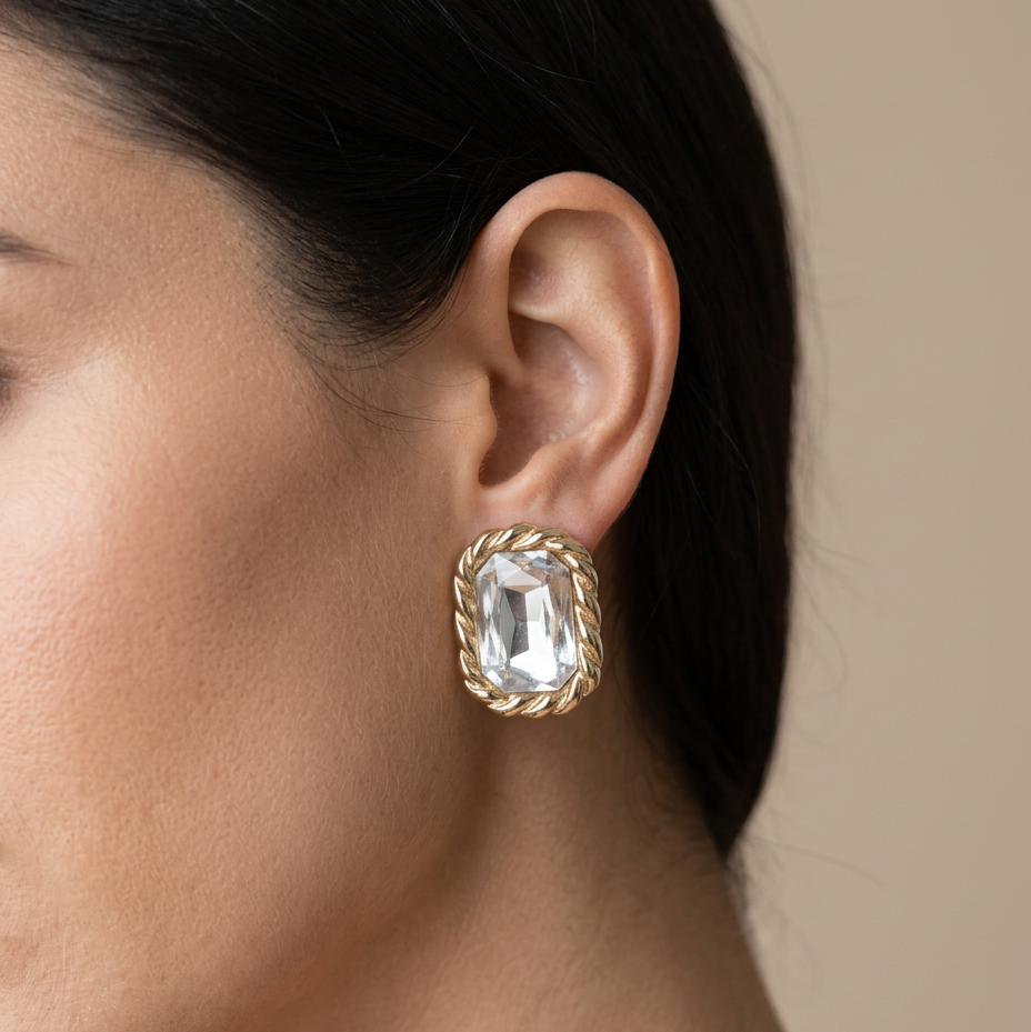 HUGE Emerald-Cut Crystal Gold Clip Earrings