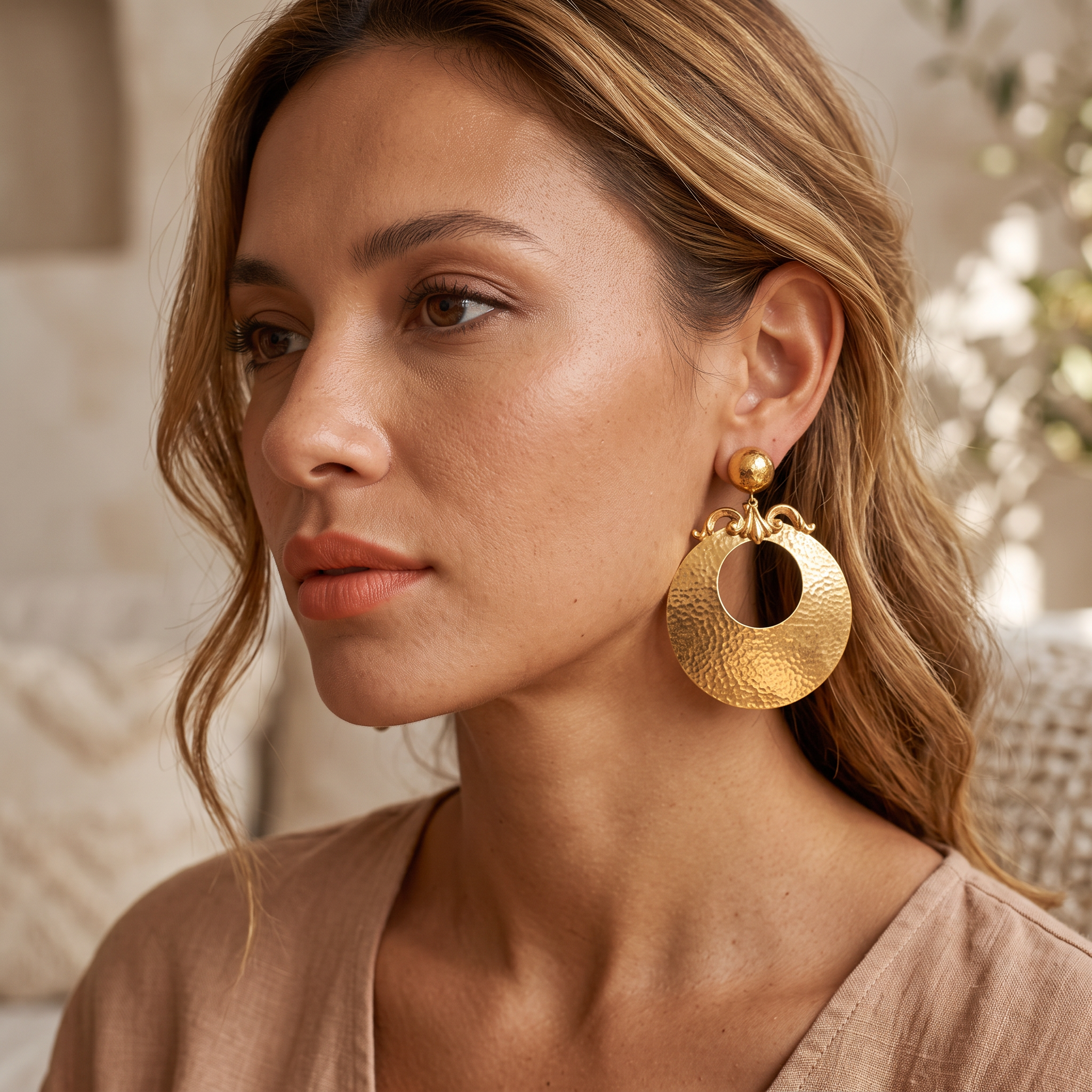 Vintage French Hammered Gold Disc Earrings