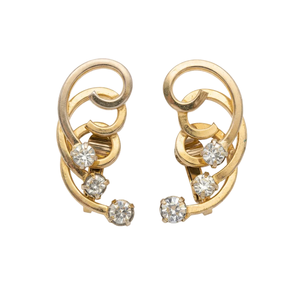Vintage Gold Swirl & Crystal Clip-On Earrings