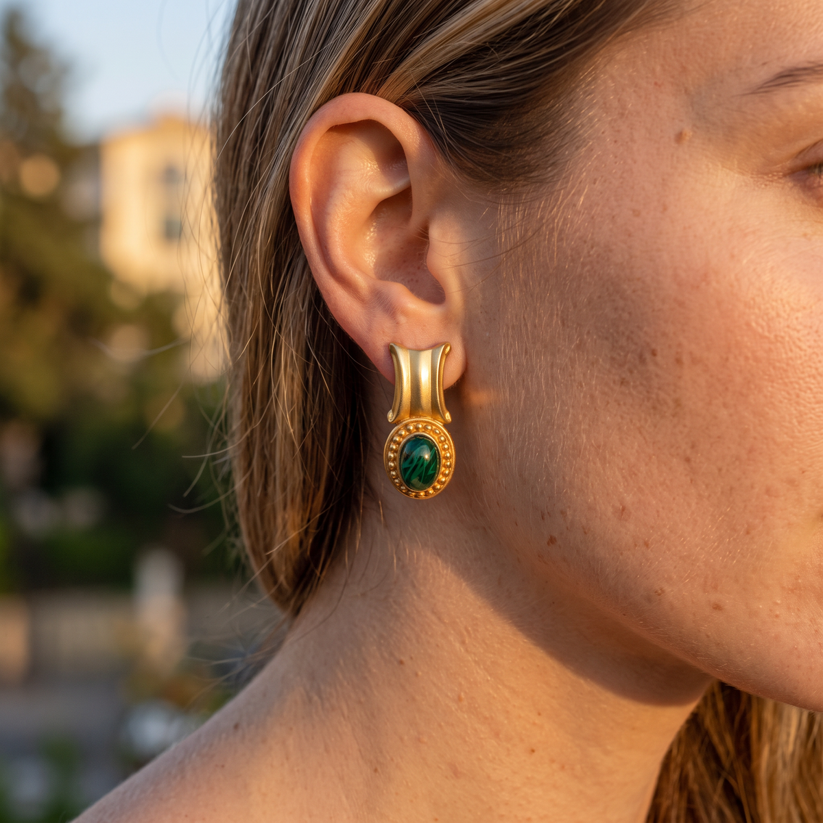 Vintage French Mogul Green Glass & Gold Earrings