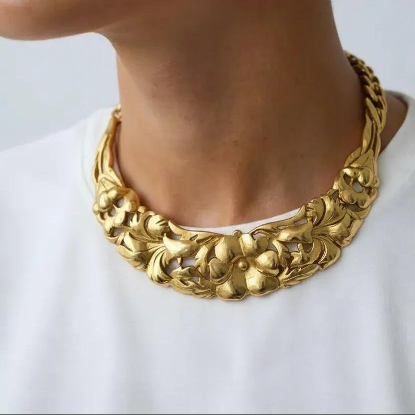 Vintage French Gold Floral Brutalist Collar Necklace