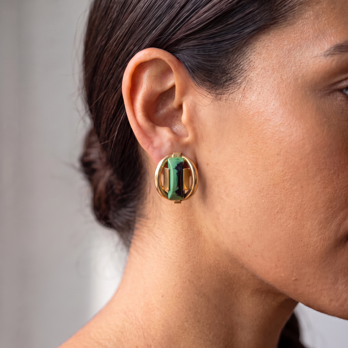 Vintage French Marbled Green & Navy Glass Clip Earrings