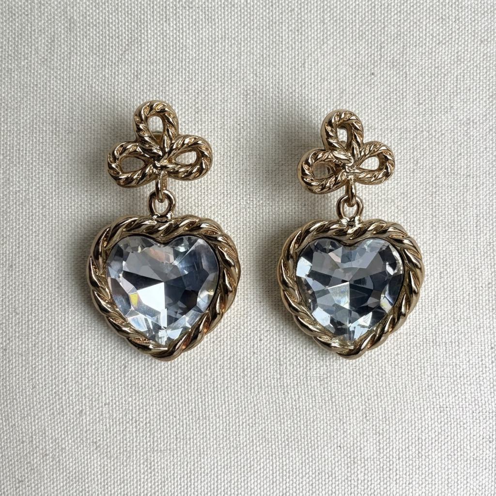 HUGE French Crystal Heart Clip Earrings