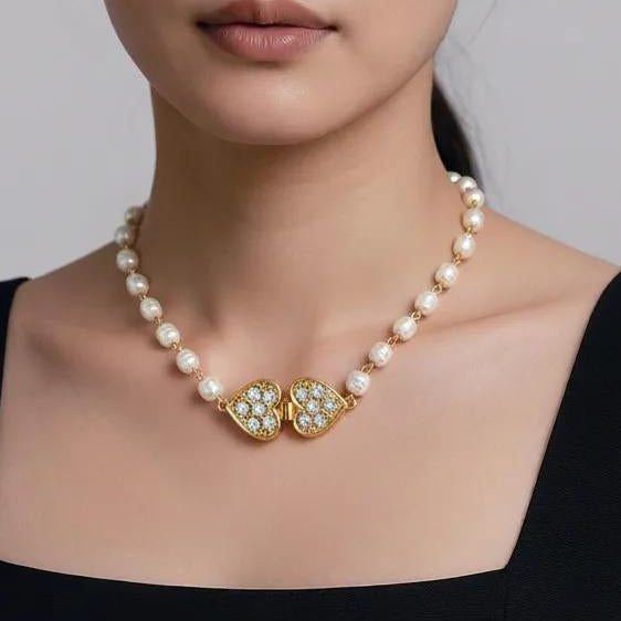 French Faux Pearl Heart Clasp Necklace