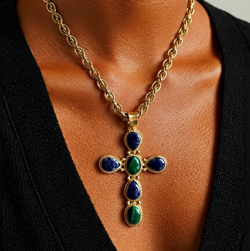 French Lapis and Malachite Cross Necklace