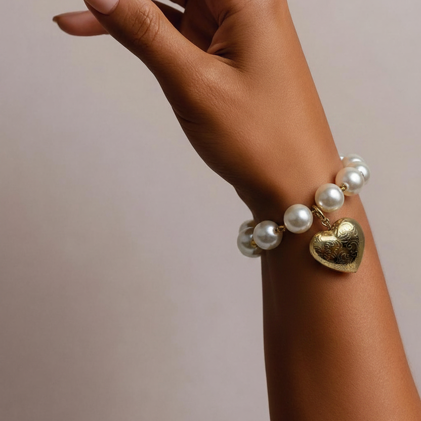 Francine Bramli XL Pearl and Gold Heart Bracelet