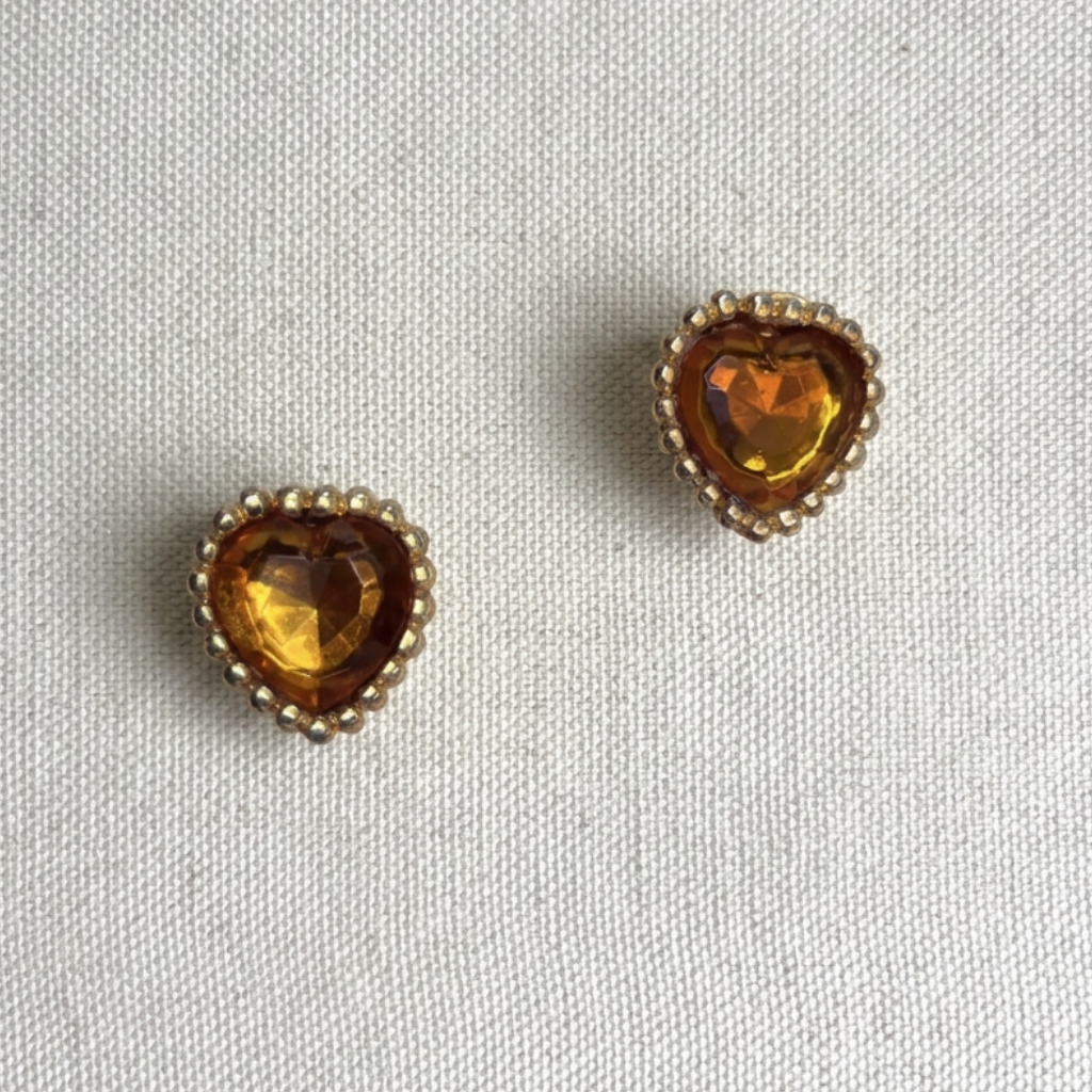 Vintage 80s French Petite Citrine Crystal Heart Earrings