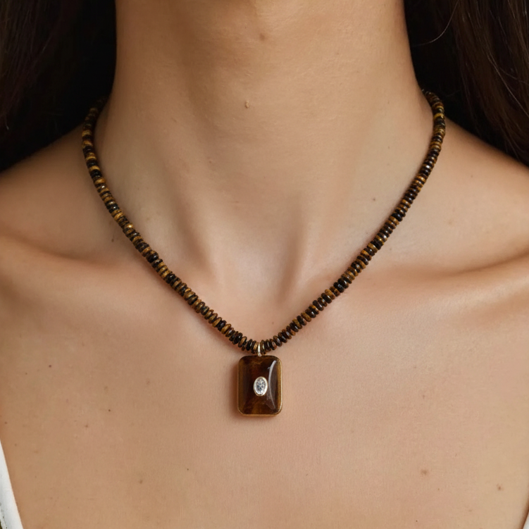 French Tiger's Eye Pendant Necklace