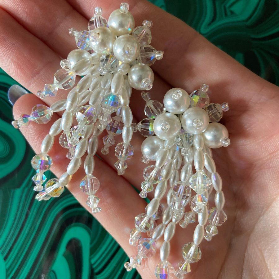 80s Faux pearl & Crystal Cascade Statement Earrings
