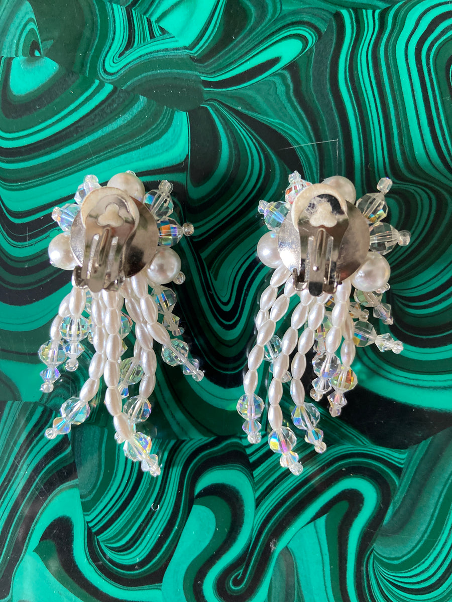 80s Faux pearl & Crystal Cascade Statement Earrings
