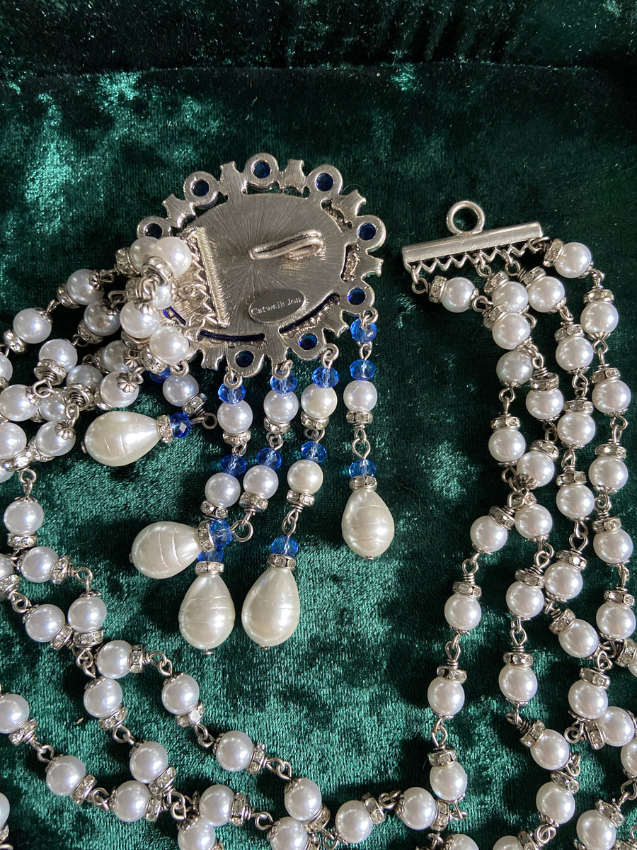 Glass  Pearl & Blue Jewel Bridal Statement Necklace