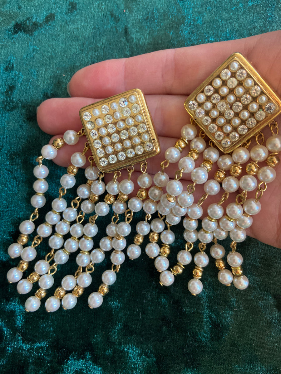 80s French Pearl & Gold Fringe Statement Earrings