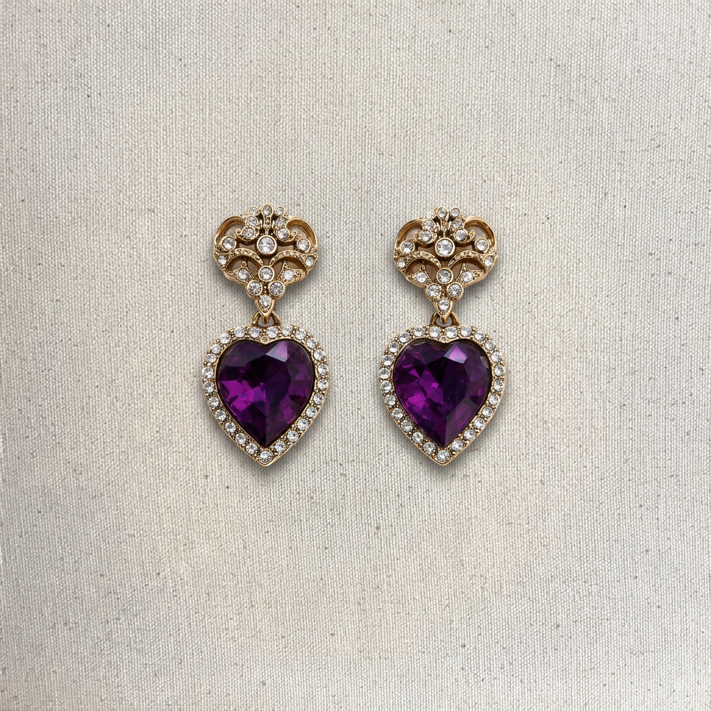Purple Crystal Heart Dangle Earrings