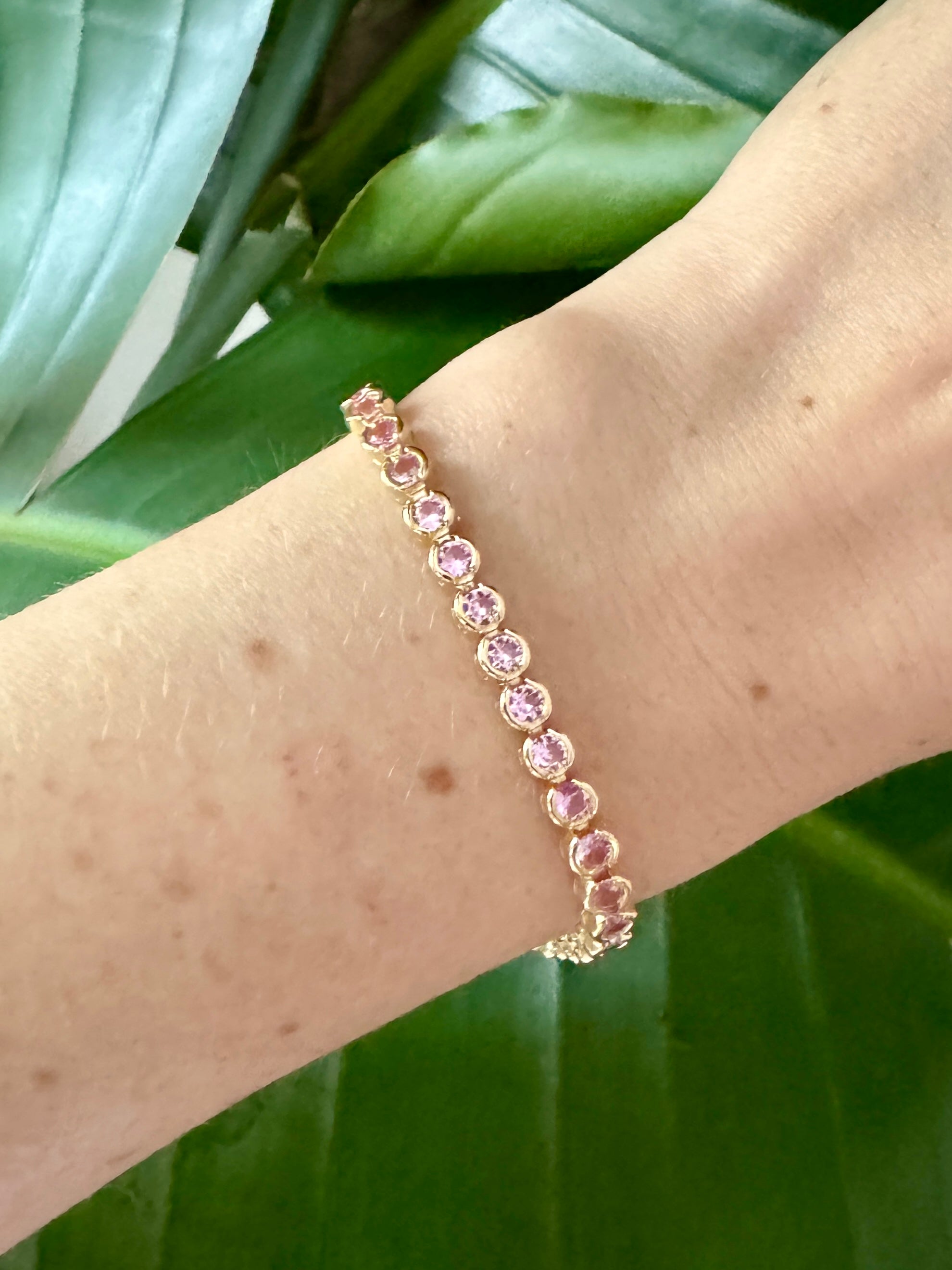 Delicate Pink Crystal Bezel Gold Tennis Bracelet