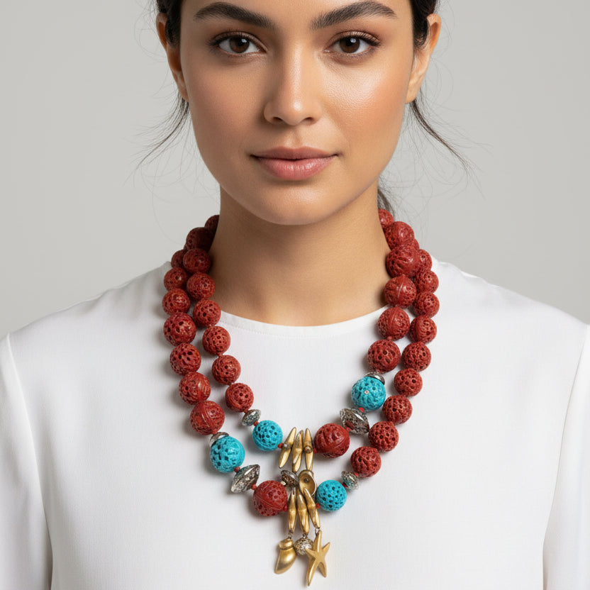 Vintage Carved Faux Coral and Shell Charms Necklace