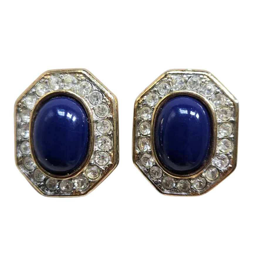 1980s Blue Cabochon and Crystal Earrings