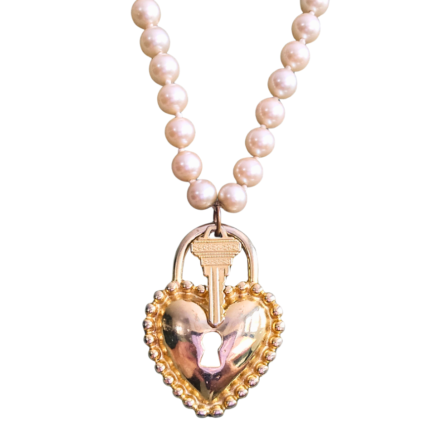 Vintage Glass Pearl Necklace with Gold Heart Lock & Key Pendant