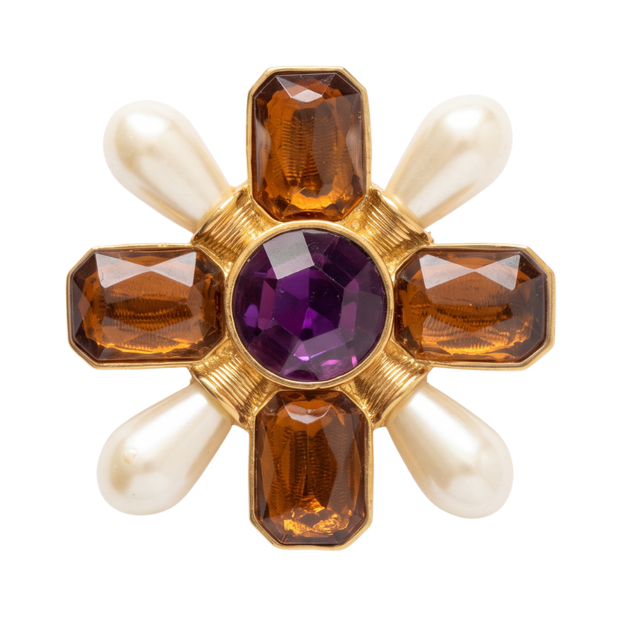 Vintage Pearl, Amber & Purple Resin Floral Brooch