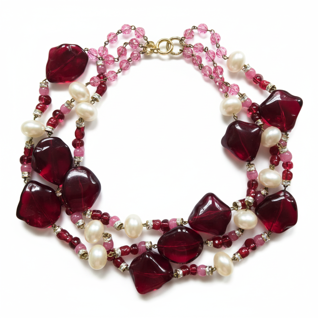 Vintage French Pink Red and Faux Pearl Torsade Necklace