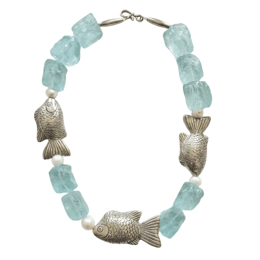 80s Vintage Aquamarine and Silver Fish Charm Necklace