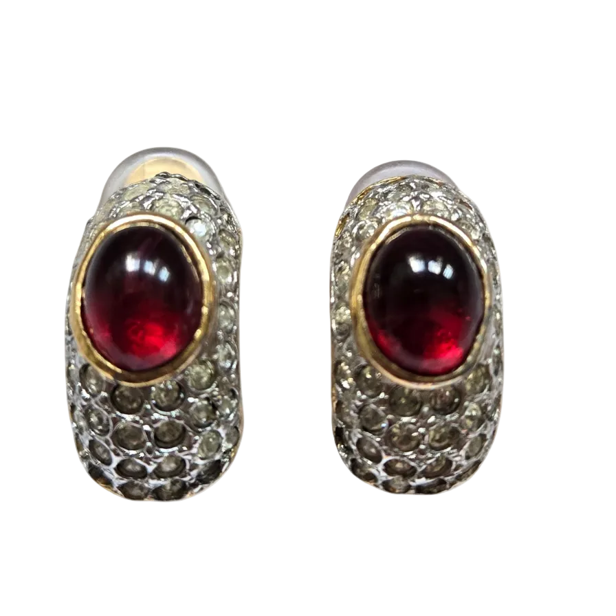 French Ruby-Red Glass Cabochon and Crystal Earrings