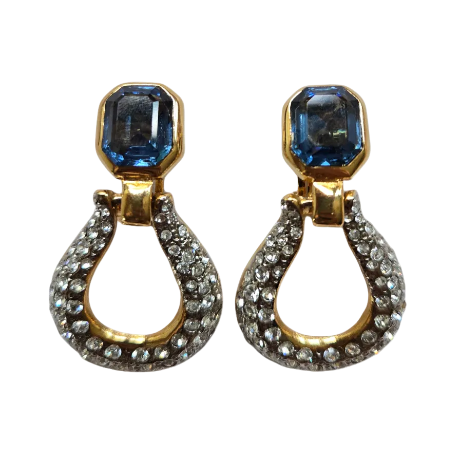 Vintage Blue Crystal Door Knocker Earrings