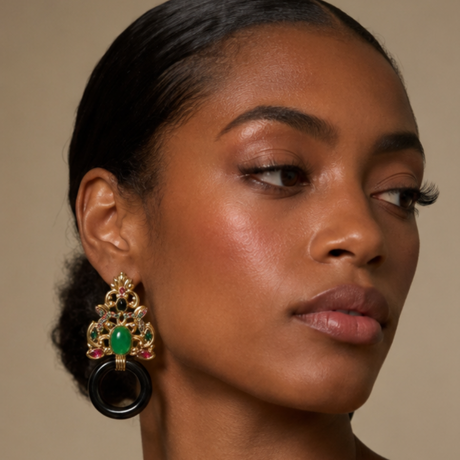 Vintage Italian Ornate Black Hoop Earrings