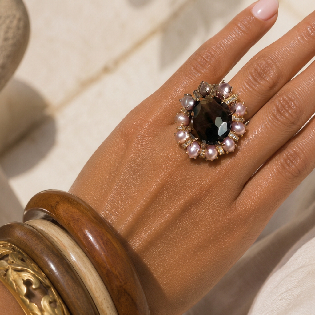 Adjustable French Pearl Amythest, Tigers Eye  Stone Cocktail Ring
