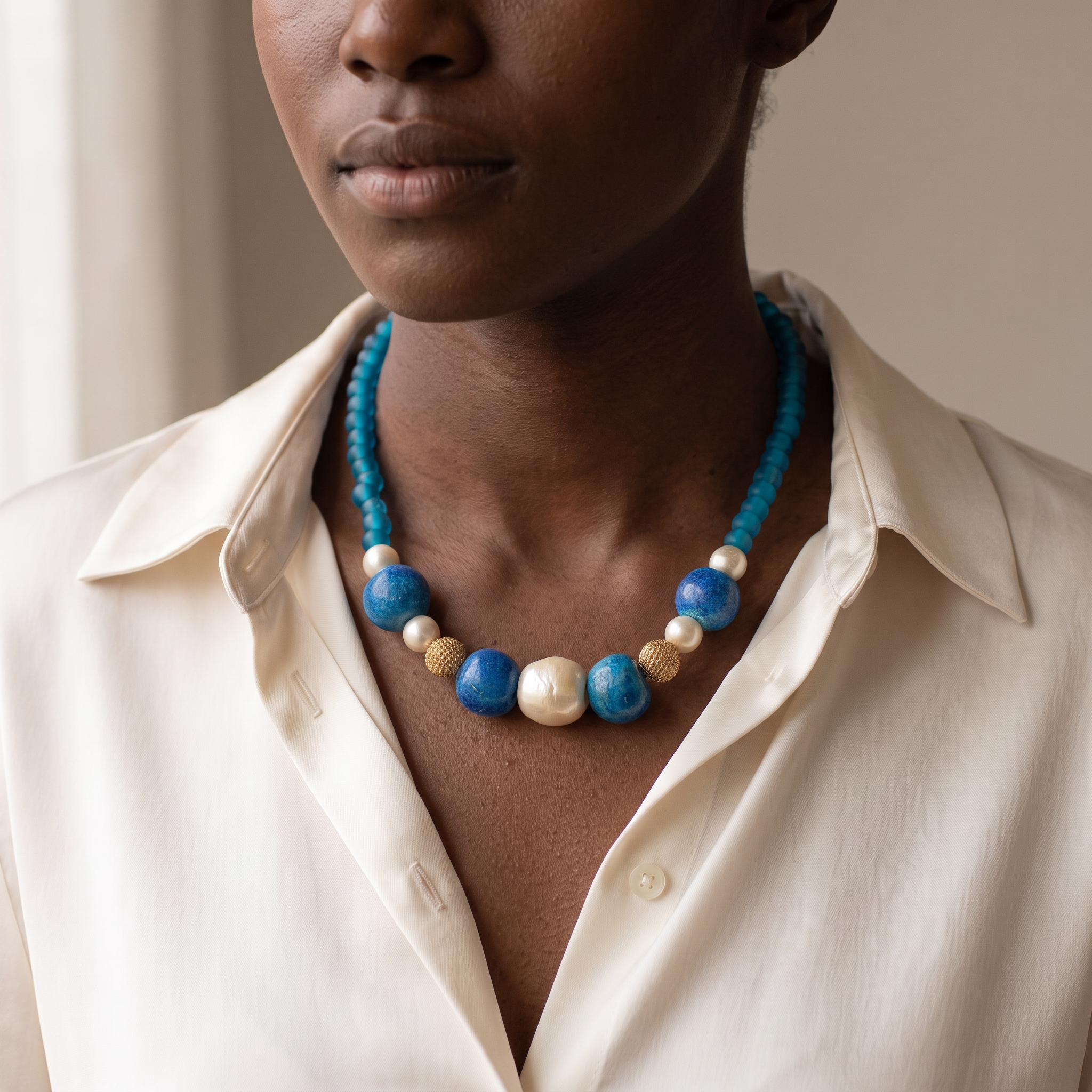 Vintage 60s French Blue Glass & Pearl Beaded Necklace
