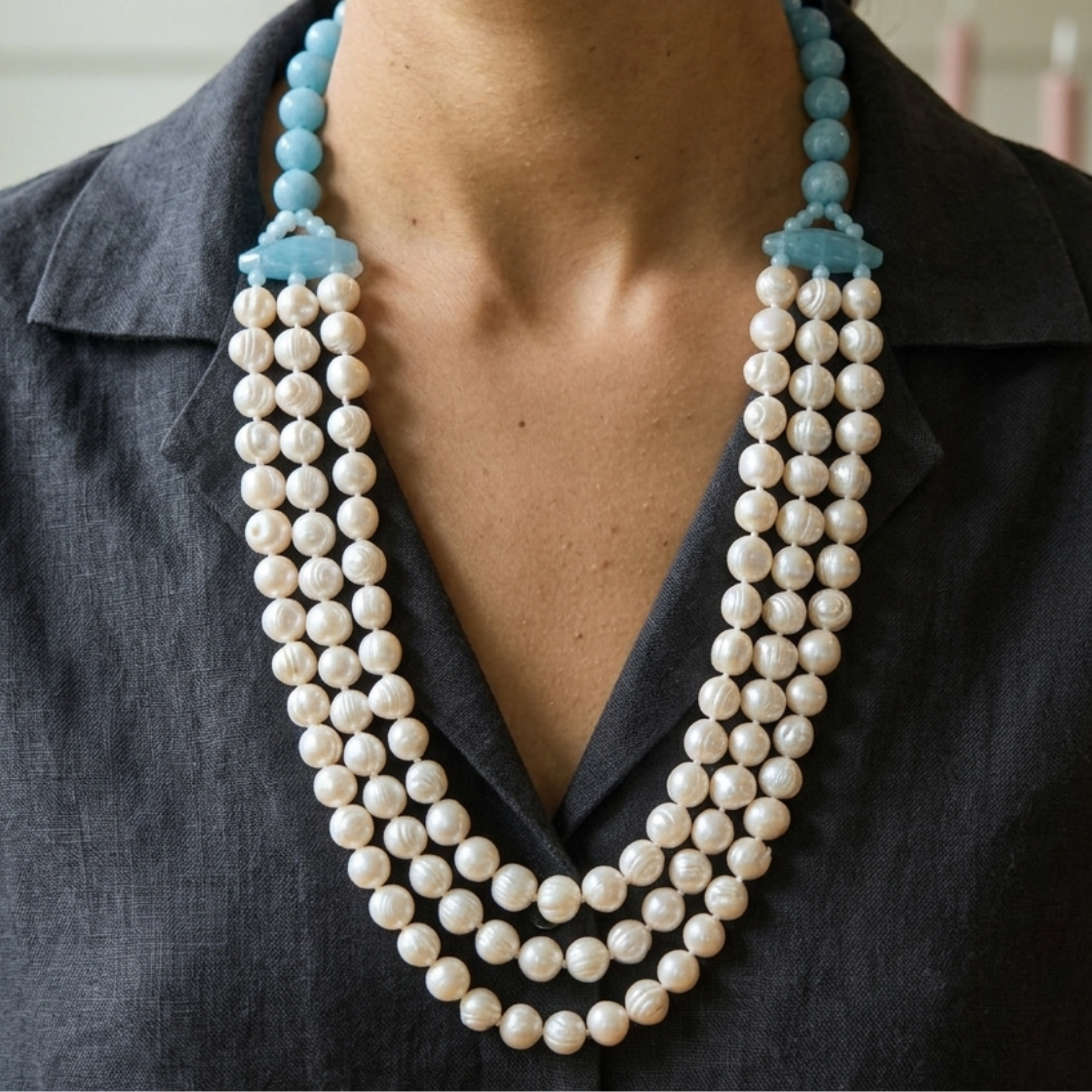 Vintage Multi-Strand Pearl and Blue Stone Necklace
