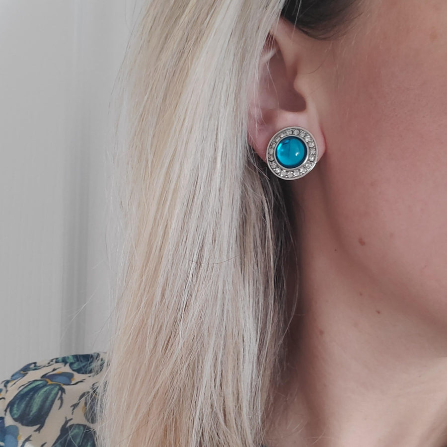 Glam Blue Cabochon and Crystal Earrings
