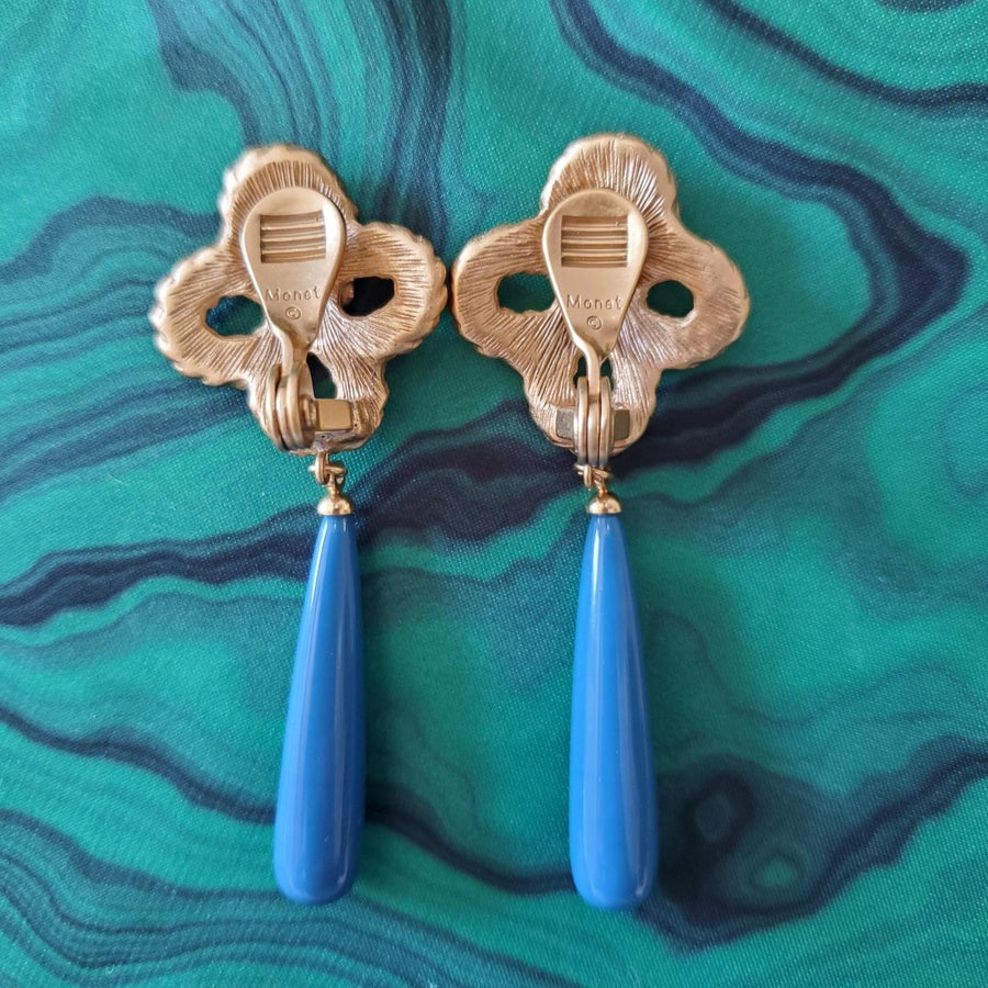 Monet Blue and Gold Tassel Clip Earrings
